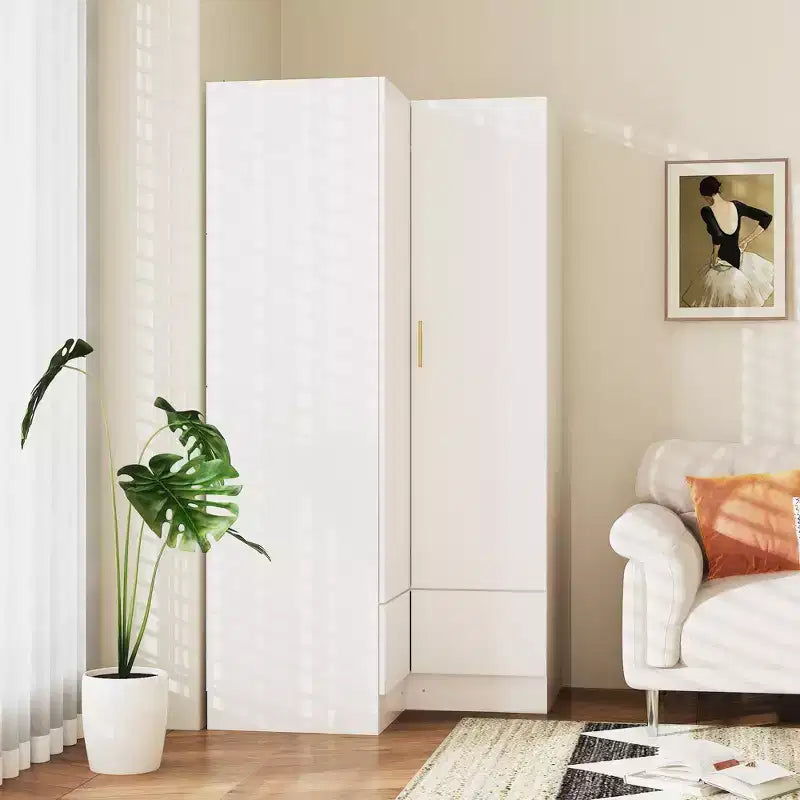 Famapy Armoire d'angle moderne avec deux tringles de suspension et tiroirs, construction robuste, solution de rangement peu encombrante pour chambre à coucher et au-delà
