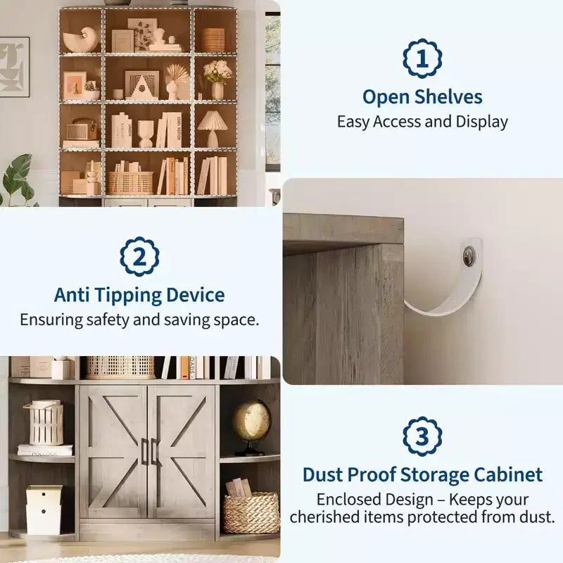 Bibliothèque haute de 75", 6 niveaux avec placard, étagère en bois ouverte avec étagères réglables, étagère de rangement verticale pour bureau, salon