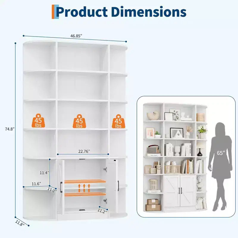 Bibliothèque haute de 75", 6 niveaux avec placard, étagère en bois ouverte avec étagères réglables, étagère de rangement verticale pour bureau, salon