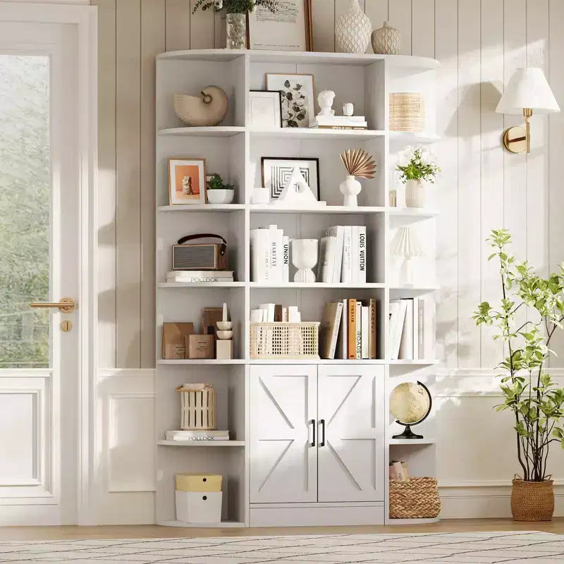 Bibliothèque haute de 75", 6 niveaux avec placard, étagère en bois ouverte avec étagères réglables, étagère de rangement verticale pour bureau, salon