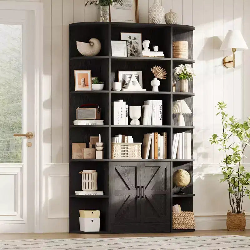Bibliothèque haute de 75", 6 niveaux avec placard, étagère en bois ouverte avec étagères réglables, étagère de rangement verticale pour bureau, salon