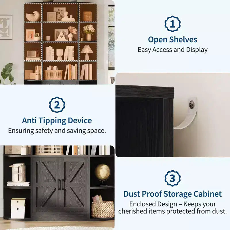 Bibliothèque haute de 75", 6 niveaux avec placard, étagère en bois ouverte avec étagères réglables, étagère de rangement verticale pour bureau, salon