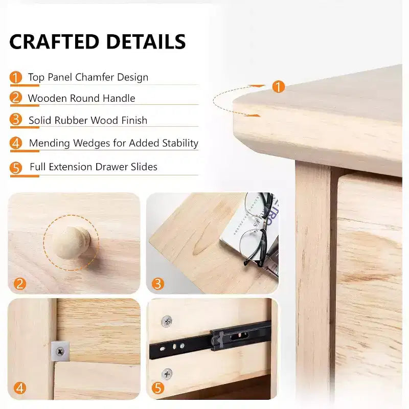 VINGLI Commode inachevée en bois massif naturel à 3 tiroirs pour chambre à coucher, commode et armoires de style ferme en bois d'hévéa