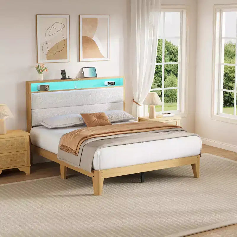 Cadre de lit, cadre de lit circulaire en tissu avec lumières LED, tête de lit rembourrée avec station de recharge intégrée, matelas à ressorts non requis
