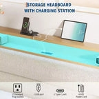 Cadre de lit, cadre de lit circulaire en tissu avec lumières LED, tête de lit rembourrée avec station de recharge intégrée, matelas à ressorts non requis