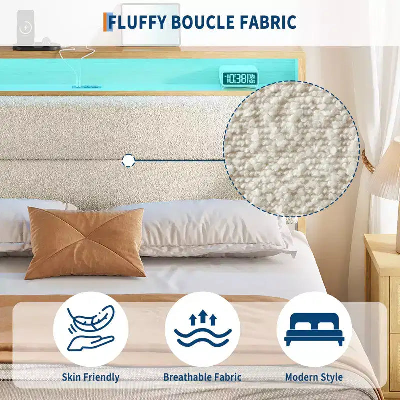 Cadre de lit, cadre de lit circulaire en tissu avec lumières LED, tête de lit rembourrée avec station de recharge intégrée, matelas à ressorts non requis