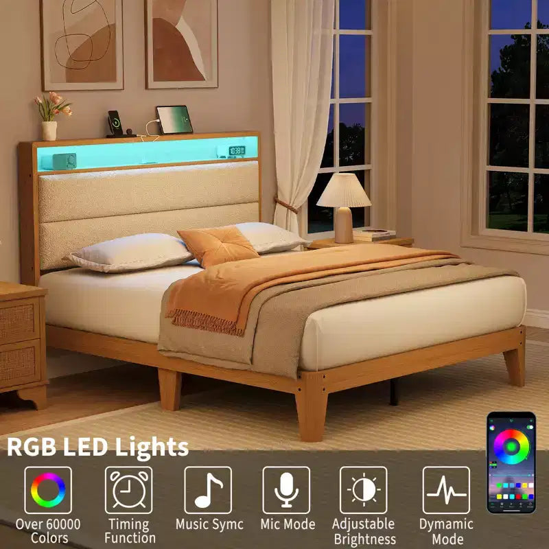 Cadre de lit, cadre de lit circulaire en tissu avec lumières LED, tête de lit rembourrée avec station de recharge intégrée, matelas à ressorts non requis