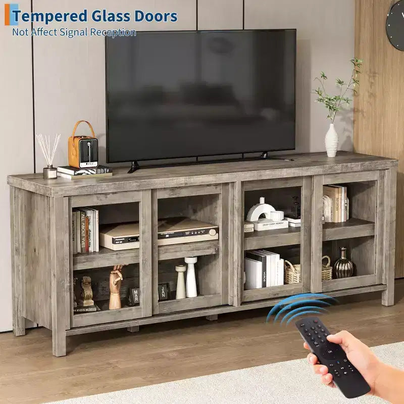 Meuble TV coulissant en verre, adapté aux centres de divertissement avec armoires de rangement, meuble média moderne du milieu du siècle, parfait pour le salon.