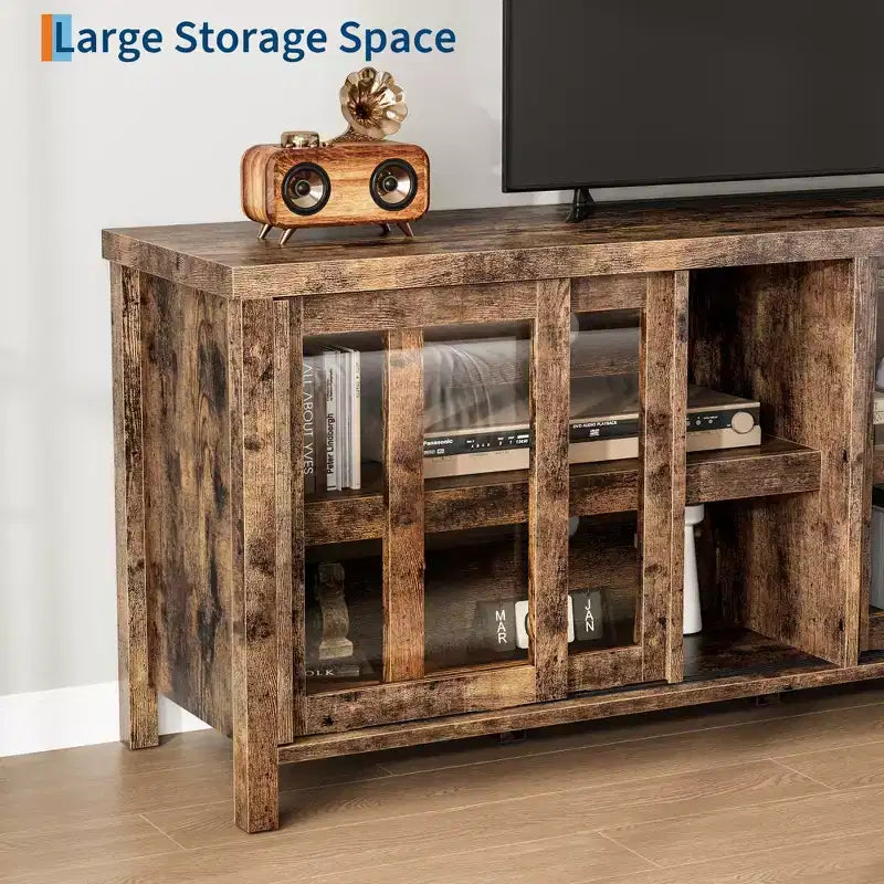 Meuble TV coulissant en verre, adapté aux centres de divertissement avec armoires de rangement, meuble média moderne du milieu du siècle, parfait pour le salon.