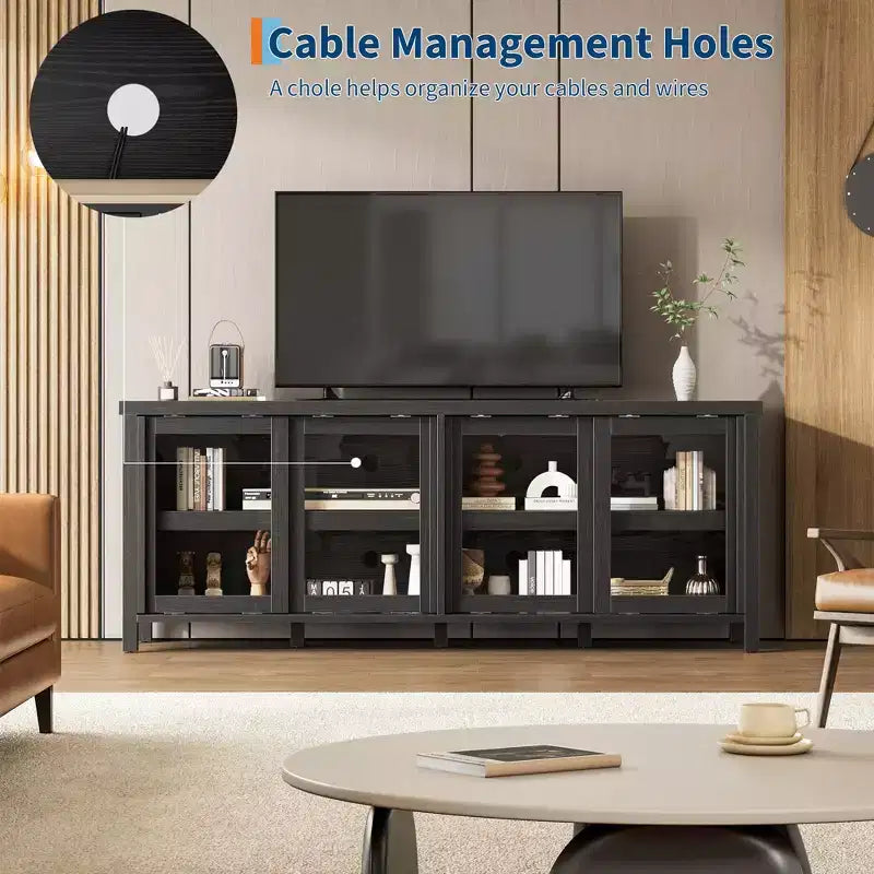 Meuble TV coulissant en verre, adapté aux centres de divertissement avec armoires de rangement, meuble média moderne du milieu du siècle, parfait pour le salon.