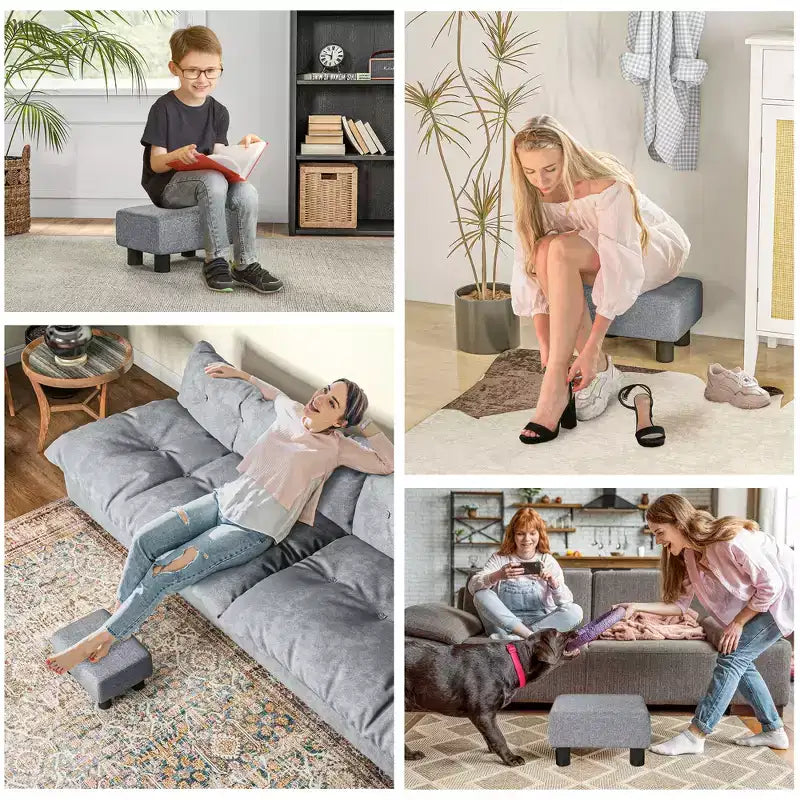 Repose-pieds ottoman, petit pouf avec revêtement en tissu de lin et pieds en plastique, pouf cube pour salon