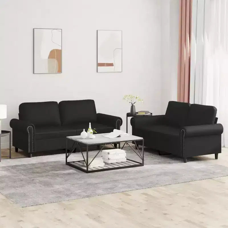 2-Piece Black Faux-Leather Sofa Set  Modern Clean-Line Cushioned Loveseat & Couch, Stain-Resistant, Metal+Plywood Frame