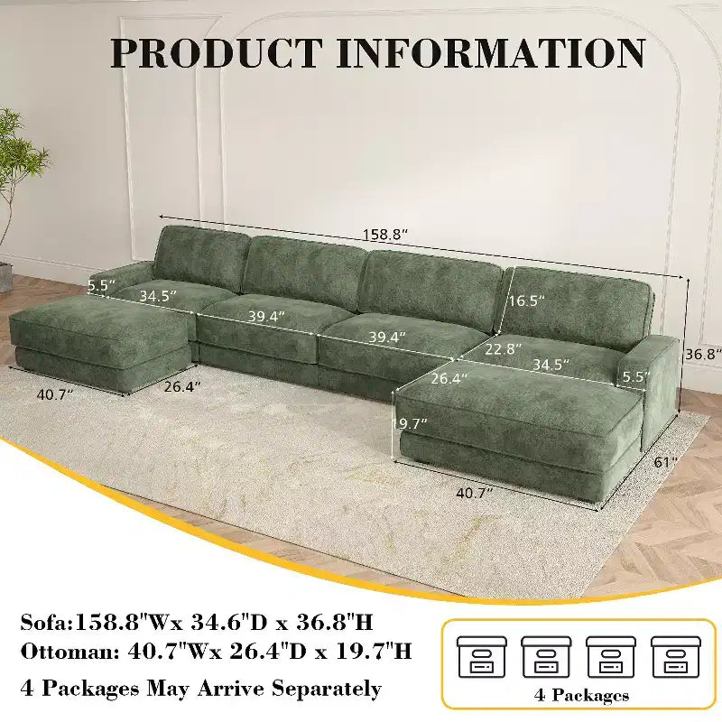 Dyonery 158 Grand canapé modulable sectionnel, tissu CHENILLE avec assise profonde, assemblage sans outil