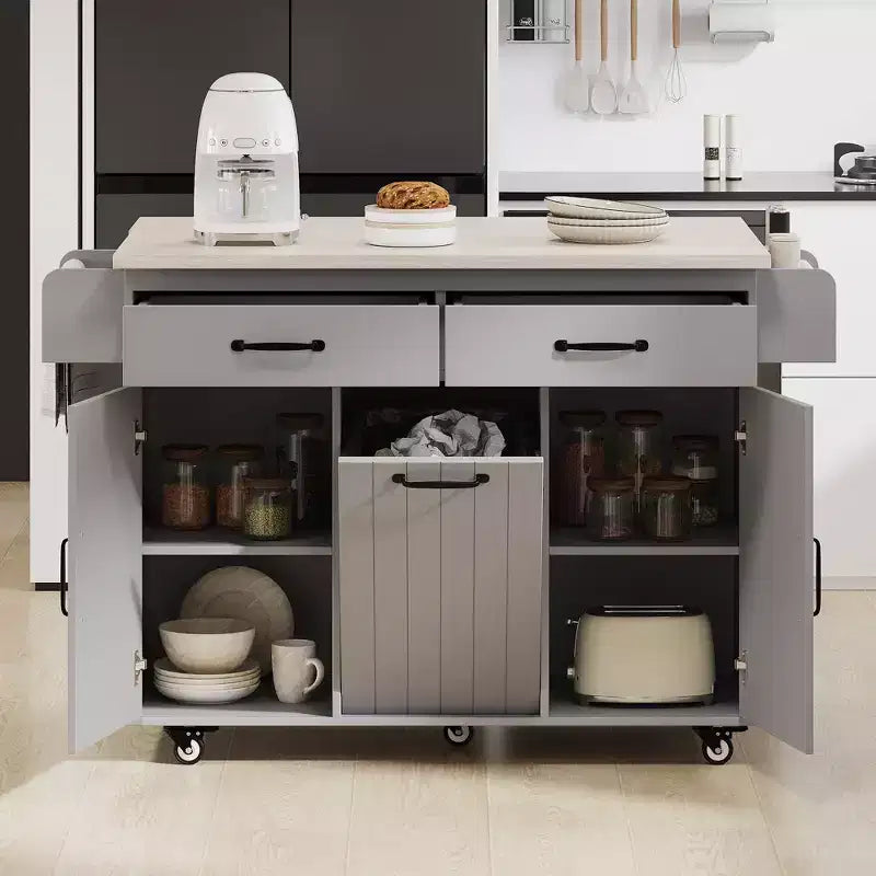 Îlot de cuisine Okak avec abattant et porte-épices, îlot de cuisine sur roulettes avec poubelle intégrée, desserte de cuisine pour la cuisine, la salle à manger, gris