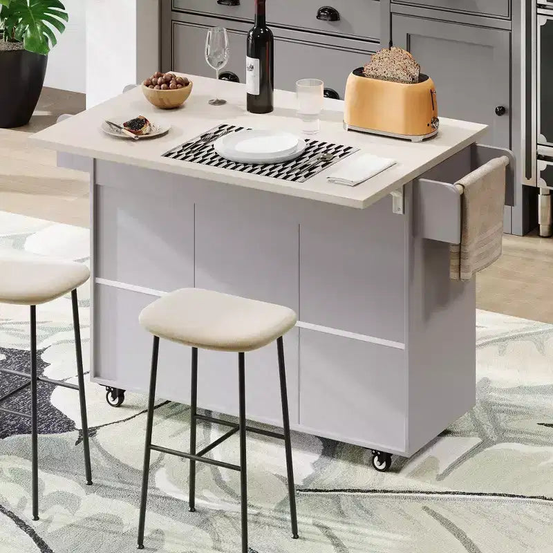 Îlot de cuisine Okak avec abattant et porte-épices, îlot de cuisine sur roulettes avec poubelle intégrée, desserte de cuisine pour la cuisine, la salle à manger, gris