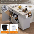 Îlot de cuisine Okak avec abattant et porte-épices, îlot de cuisine sur roulettes avec poubelle intégrée, desserte de cuisine pour la cuisine, la salle à manger, gris