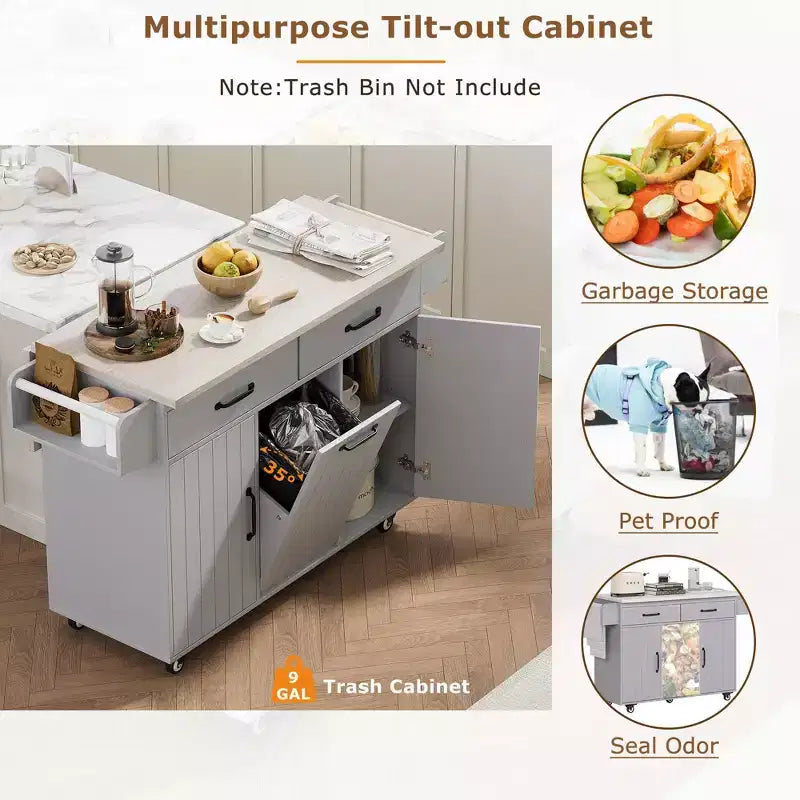 Îlot de cuisine Okak avec abattant et porte-épices, îlot de cuisine sur roulettes avec poubelle intégrée, desserte de cuisine pour la cuisine, la salle à manger, gris