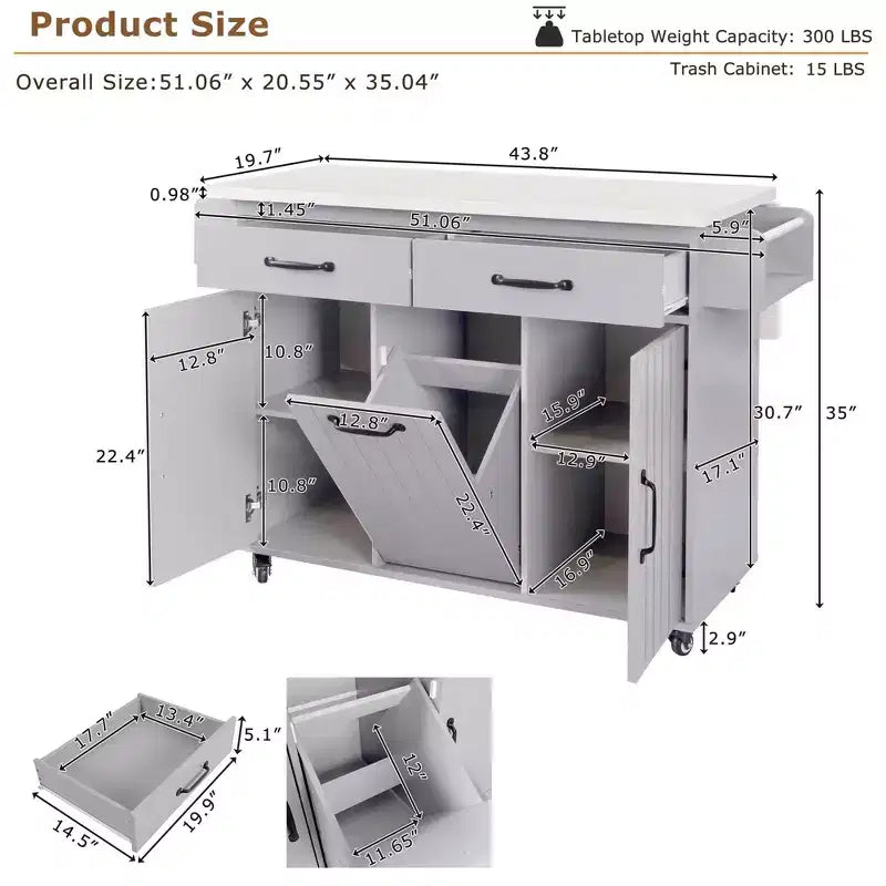Îlot de cuisine Okak avec abattant et porte-épices, îlot de cuisine sur roulettes avec poubelle intégrée, desserte de cuisine pour la cuisine, la salle à manger, gris