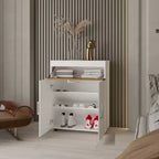 FM FURNITURE Meuble à chaussures North Fork, Compartiment relevable pneumatique, Deux portes, Blanc et chêne naturel