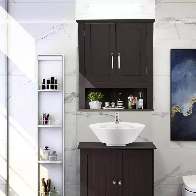 VINGLI Armoire de salle de bain murale Espresso, armoire flottante pour rangement mural de salle de bain avec portes et étagère réglable