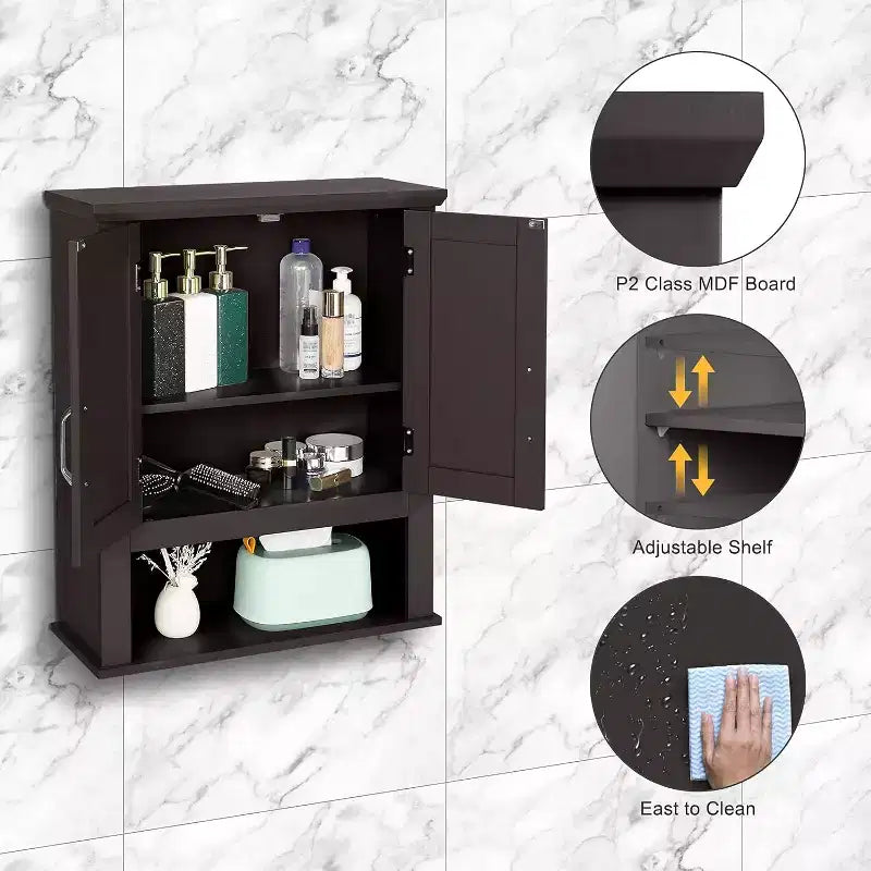 VINGLI Armoire de salle de bain murale Espresso, armoire flottante pour rangement mural de salle de bain avec portes et étagère réglable
