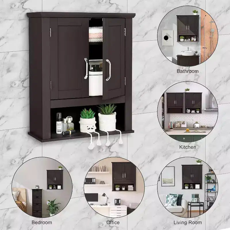 VINGLI Armoire de salle de bain murale Espresso, armoire flottante pour rangement mural de salle de bain avec portes et étagère réglable