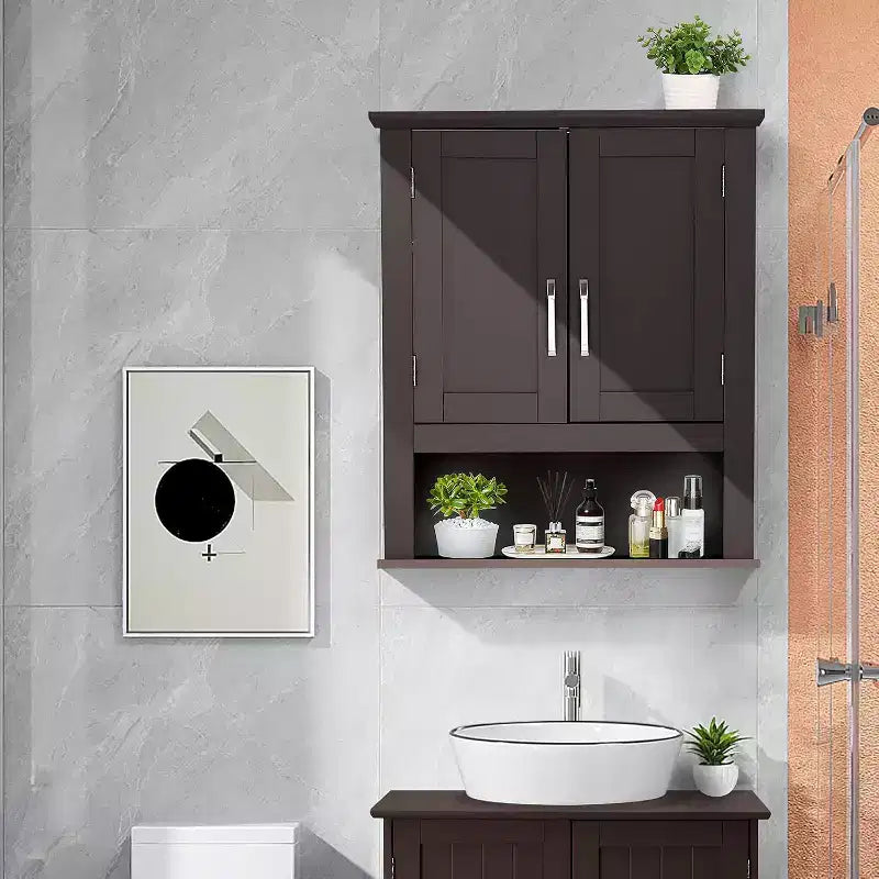 VINGLI Armoire de salle de bain murale Espresso, armoire flottante pour rangement mural de salle de bain avec portes et étagère réglable