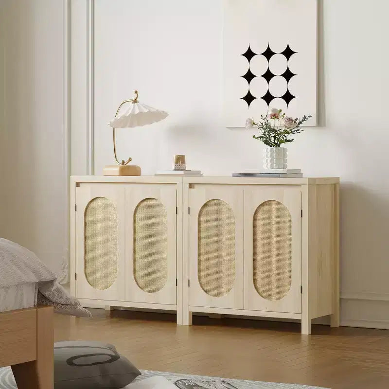 Meuble console de bar à café en bois avec portes et étagères, Armoire de rangement en rotin à 2 portes pour couloir, entrée, salon