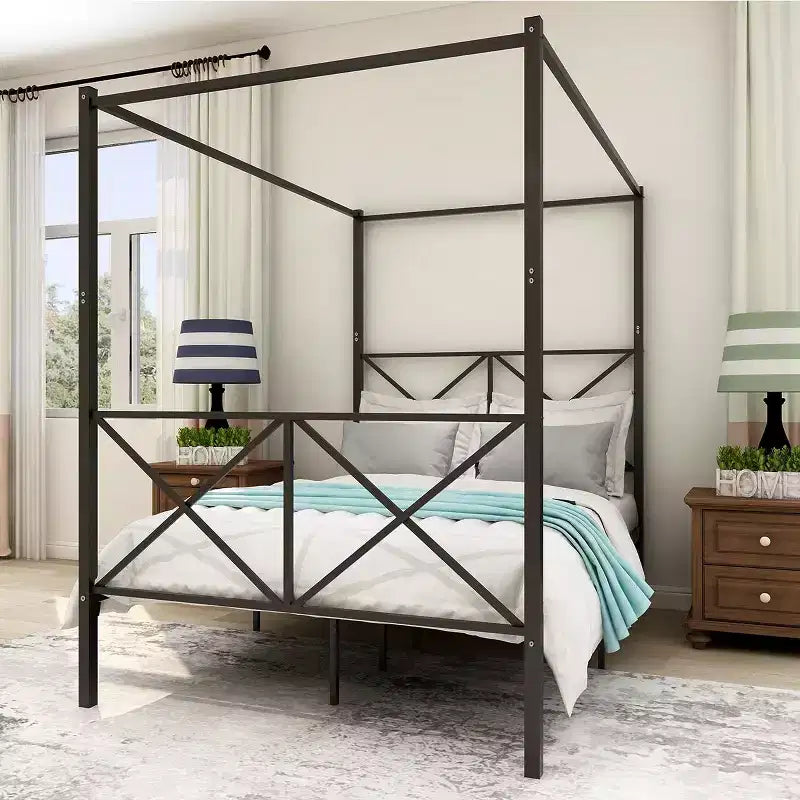 GDFStudio Rubie Modern Metal Canopy Bed Frame with X Shaped Headboard