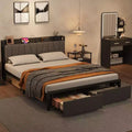 Metal bed frame with storage headboard, drawers and charging station; springless mattress frame; full size.
