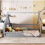 Cadre de lit double Okak avec tête de lit de rangement, lit plateforme double en bois massif avec fenêtre et clôture pour chambre à coucher, gris