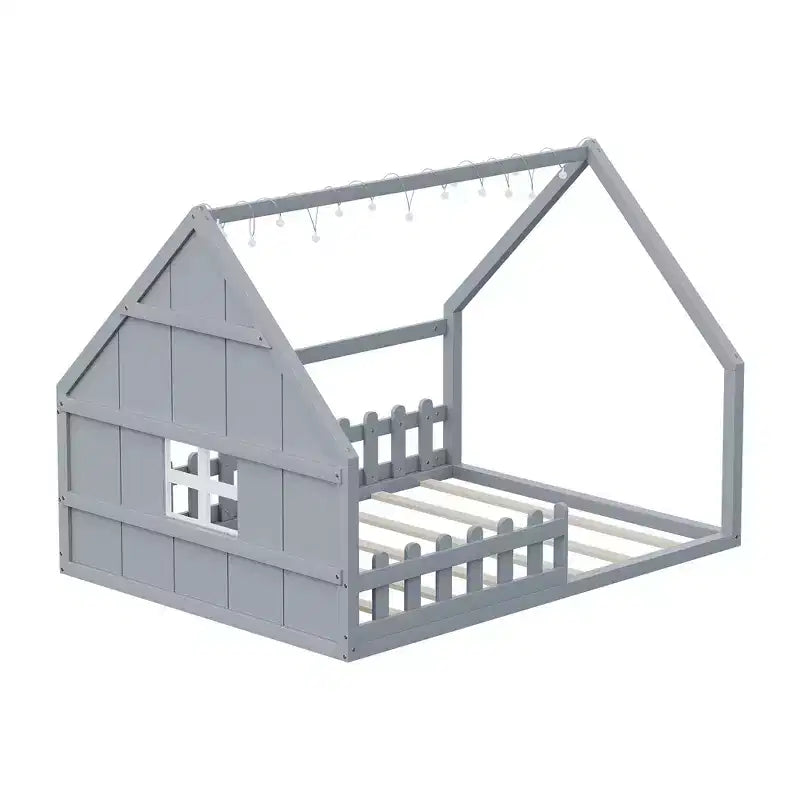 Cadre de lit double Okak avec tête de lit de rangement, lit plateforme double en bois massif avec fenêtre et clôture pour chambre à coucher, gris