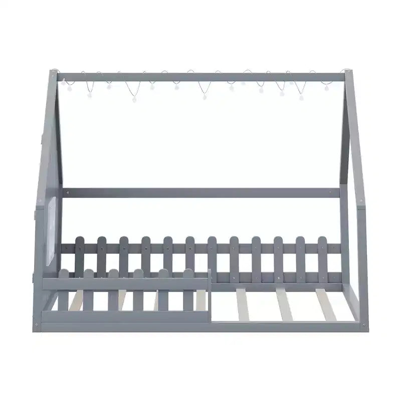 Cadre de lit double Okak avec tête de lit de rangement, lit plateforme double en bois massif avec fenêtre et clôture pour chambre à coucher, gris