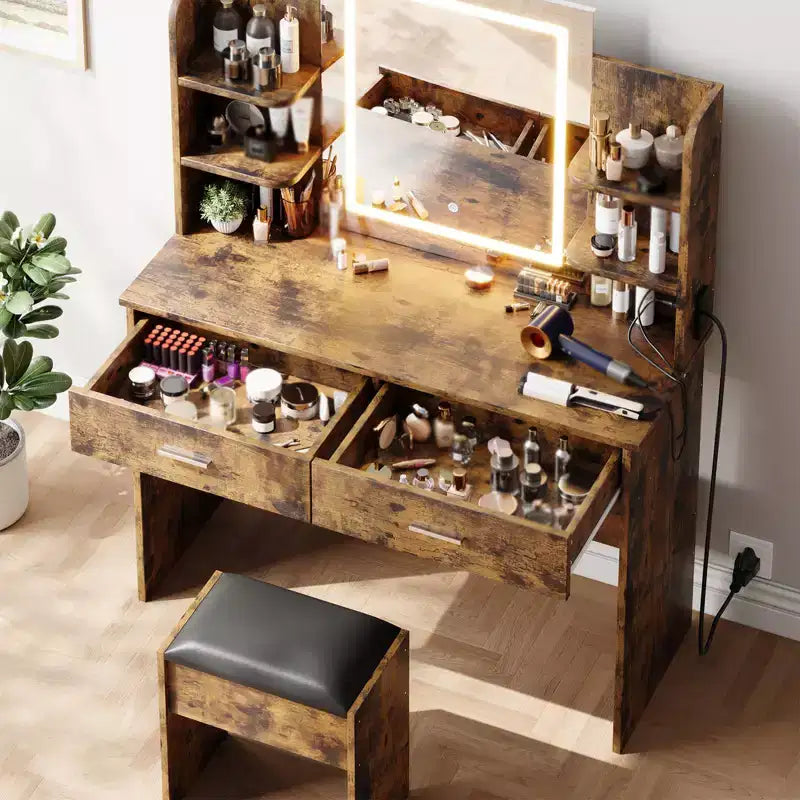 Coiffeuse avec miroir et lumières, ensemble coiffeuse de maquillage avec tabouret rembourré, prise de courant, 6 étagères de rangement, 2 grands tiroirs