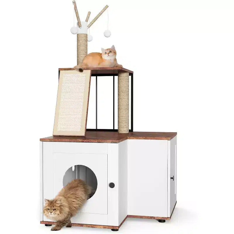 Arbre à chat avec niche pour litière, meuble cache-litière avec poteau à griffer