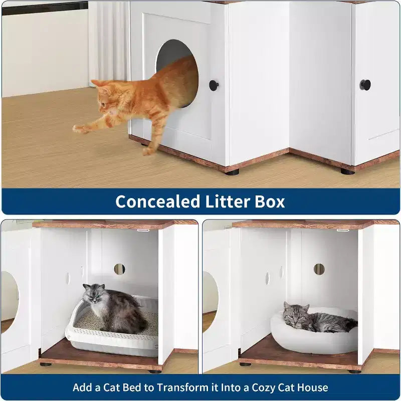 Arbre à chat avec niche pour litière, meuble cache-litière avec poteau à griffer