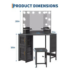 Coiffeuse d'angle et tabouret, Coiffeuse d'angle avec miroir lumineux LED, station de charge et armoire pour chambre à coucher