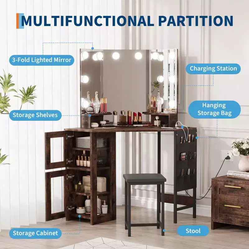 Coiffeuse d'angle et tabouret, Coiffeuse d'angle avec miroir lumineux LED, station de charge et armoire pour chambre à coucher