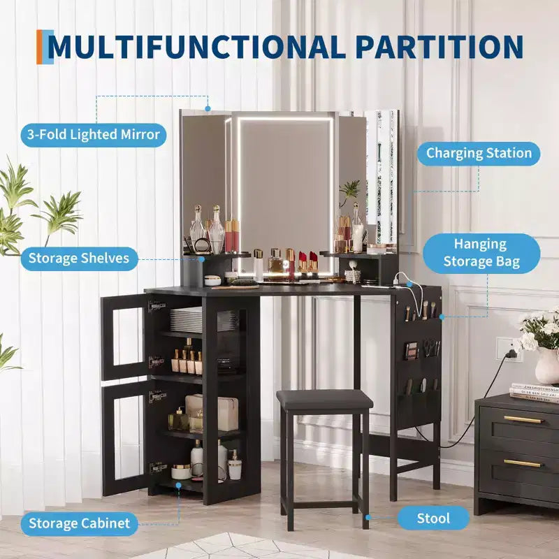Coiffeuse d'angle et tabouret, Coiffeuse d'angle avec miroir lumineux LED, station de charge et armoire pour chambre à coucher