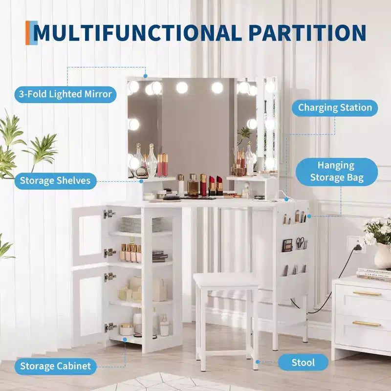 Coiffeuse d'angle et tabouret, Coiffeuse d'angle avec miroir lumineux LED, station de charge et armoire pour chambre à coucher