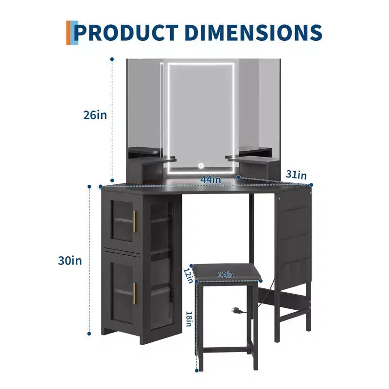 Coiffeuse d'angle et tabouret, Coiffeuse d'angle avec miroir lumineux LED, station de charge et armoire pour chambre à coucher