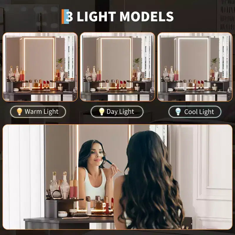 Coiffeuse d'angle et tabouret, Coiffeuse d'angle avec miroir lumineux LED, station de charge et armoire pour chambre à coucher