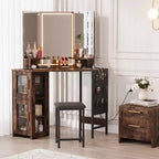 Coiffeuse d'angle et tabouret, Coiffeuse d'angle avec miroir lumineux LED, station de charge et armoire pour chambre à coucher