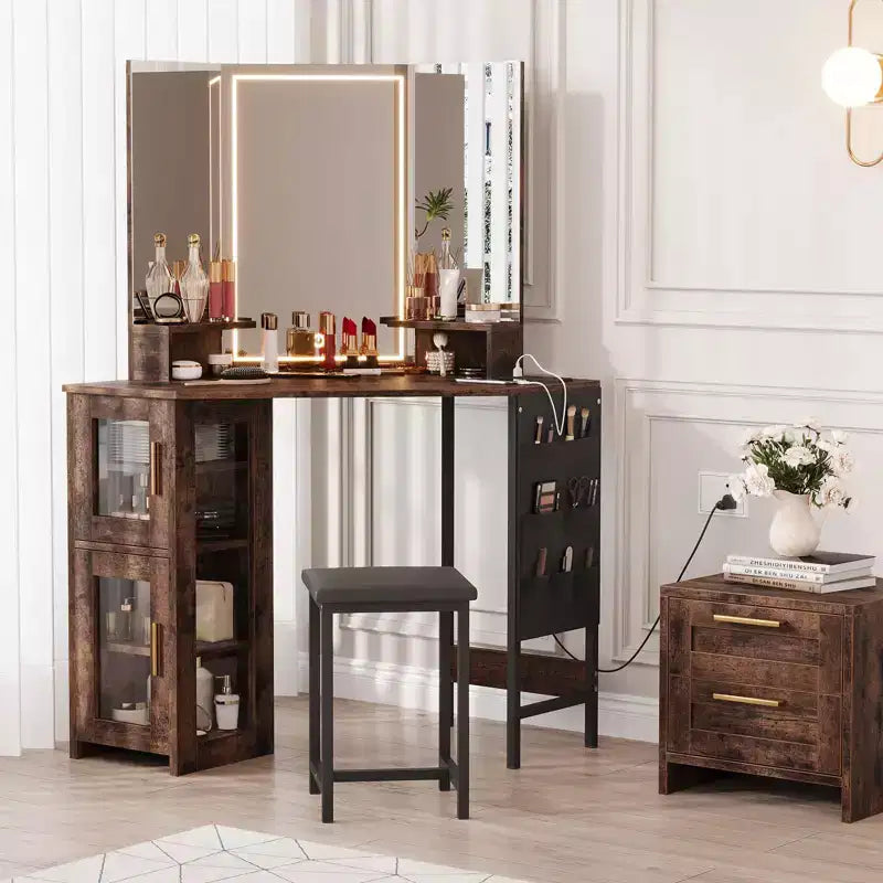 Coiffeuse d'angle et tabouret, Coiffeuse d'angle avec miroir lumineux LED, station de charge et armoire pour chambre à coucher
