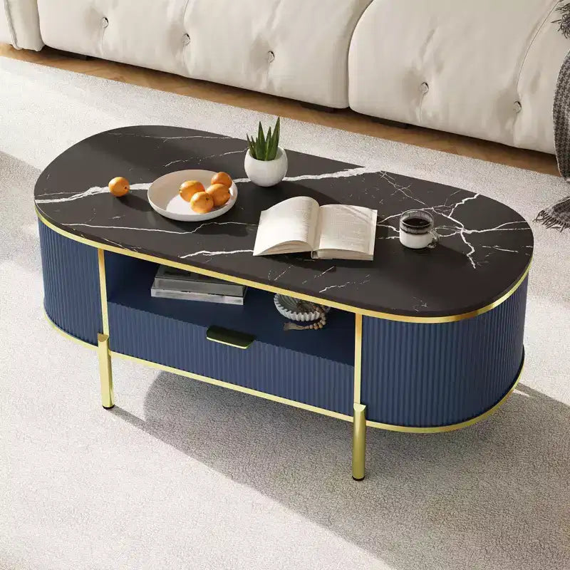 Table basse ovale 48 pouces - Table basse centrale cannelée moderne avec tiroir de rangement, plateau en faux marbre et pieds en métal doré pour salon