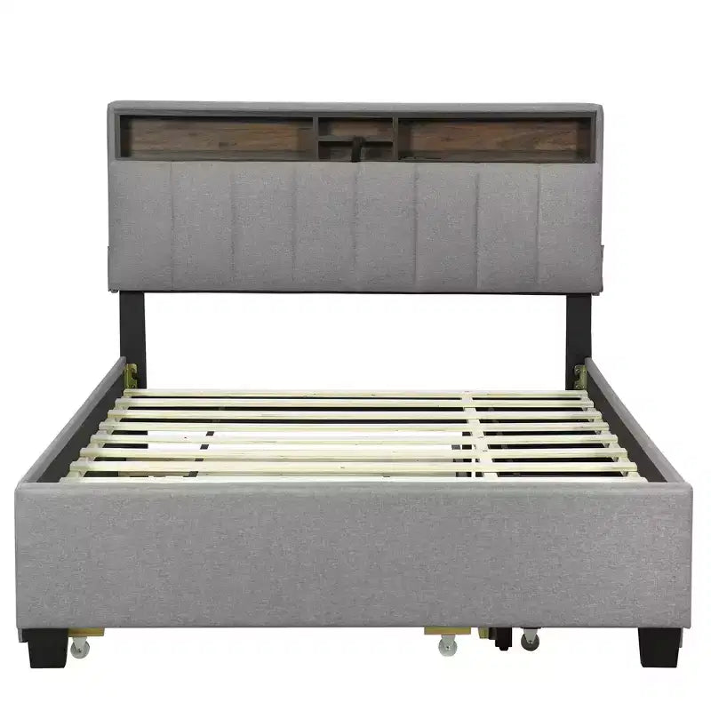 Cadre de lit double/grand lit avec tête de lit de rangement et lit gigogne double XL, lit plateforme en lin avec 2 tiroirs et prises et ports USB