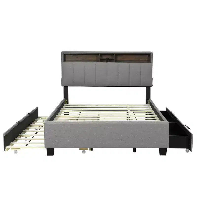 Cadre de lit double/grand lit avec tête de lit de rangement et lit gigogne double XL, lit plateforme en lin avec 2 tiroirs et prises et ports USB