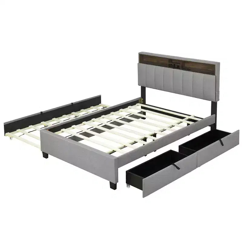 Cadre de lit double/grand lit avec tête de lit de rangement et lit gigogne double XL, lit plateforme en lin avec 2 tiroirs et prises et ports USB