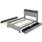 Cadre de lit double/grand lit avec tête de lit de rangement et lit gigogne double XL, lit plateforme en lin avec 2 tiroirs et prises et ports USB