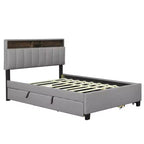 Cadre de lit double/grand lit avec tête de lit de rangement et lit gigogne double XL, lit plateforme en lin avec 2 tiroirs et prises et ports USB